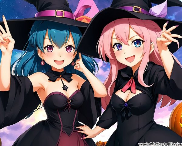 Cheerful witches in stylish gowns with Halloween decor