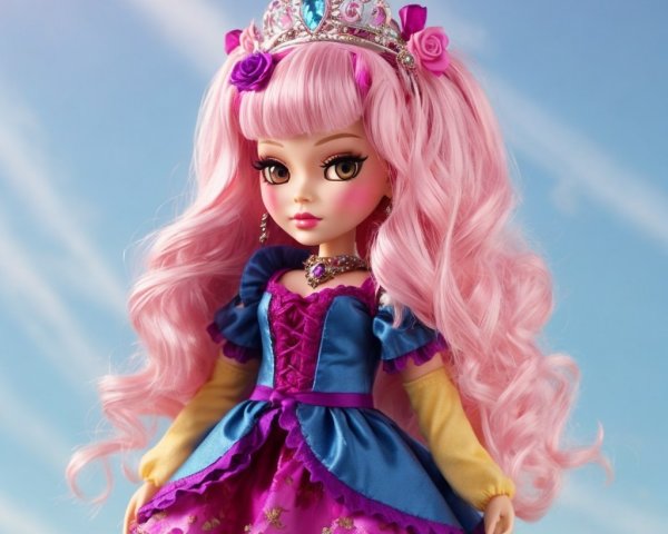 Doll with Pink Hair and Vibrant Gown Against Sky