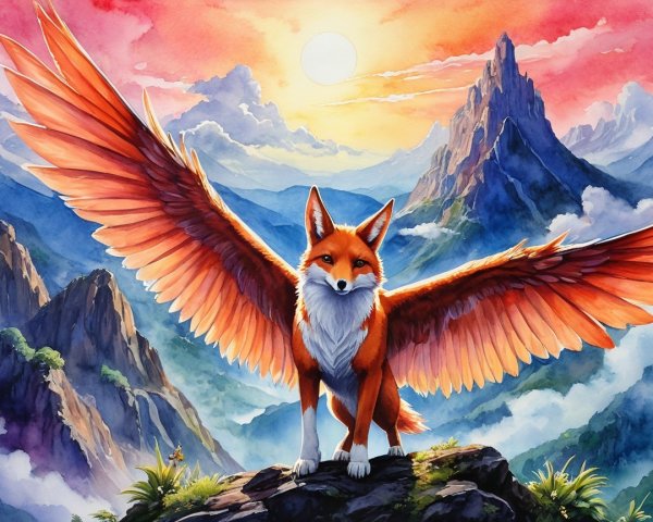 Majestic fox with wings at sunset over mountains