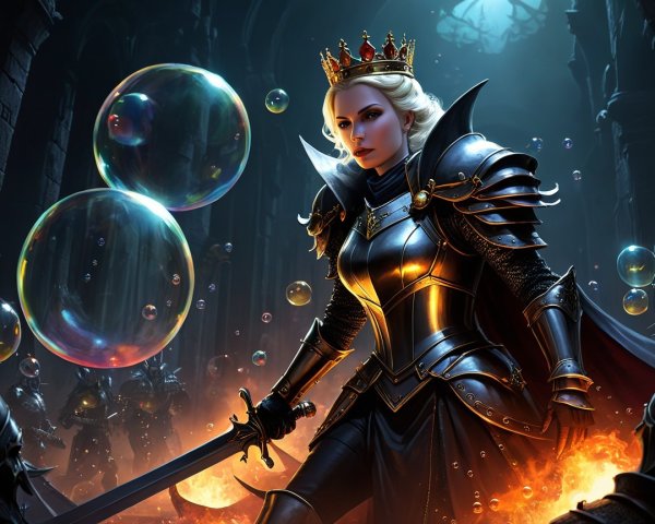 Fierce warrior queen in dark armor with flames and bubbles