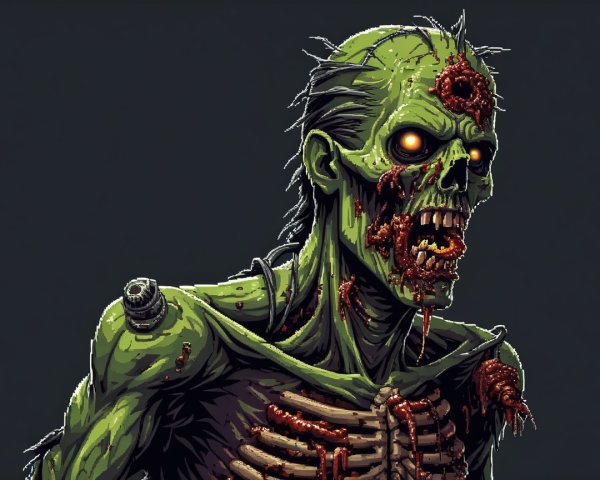 Pixel Art of a Grotesque Zombie with Glowing Eyes