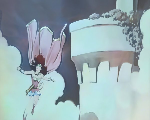 Female superhero flying with pink cape and lasso