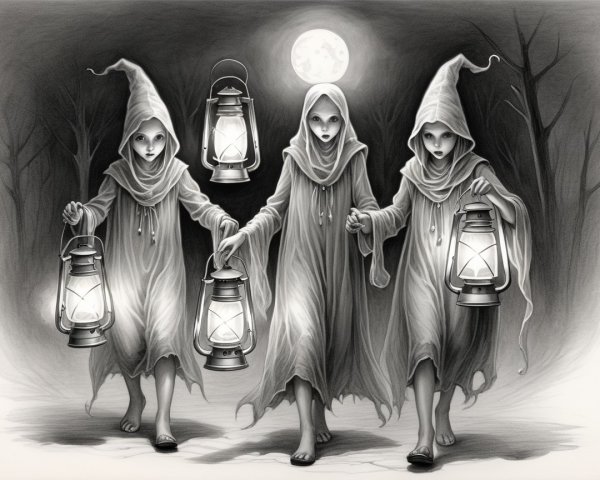 Ghostly Figures in White Robes in Eerie Landscape