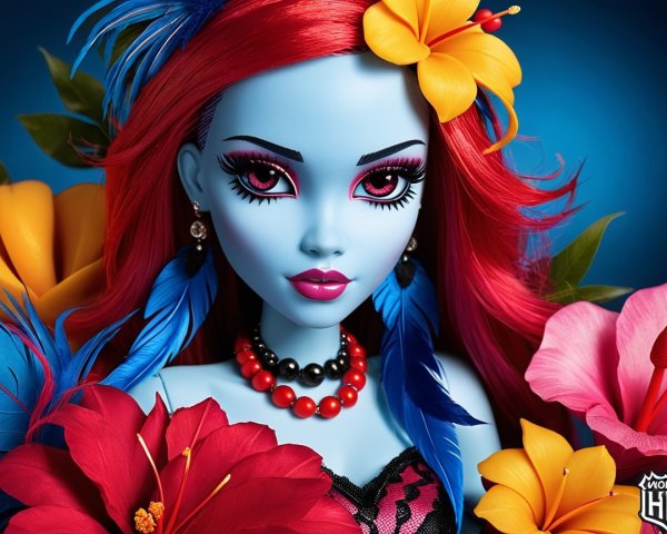 Vibrant Doll with Red Hair and Tropical Accents