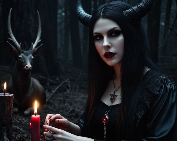 Mysterious Woman in Dark Forest with Stag and Candles