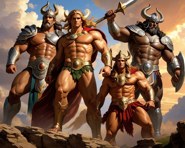 Muscular Warriors in Elaborate Armor on Rocky Terrain
