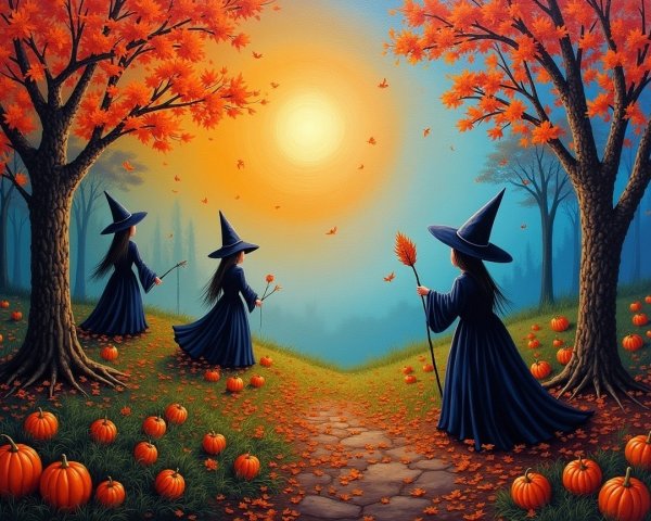 Autumn Landscape with Witches and Pumpkins