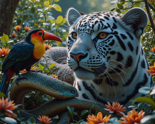 Majestic White Tiger and Colorful Jungle Wildlife Scene