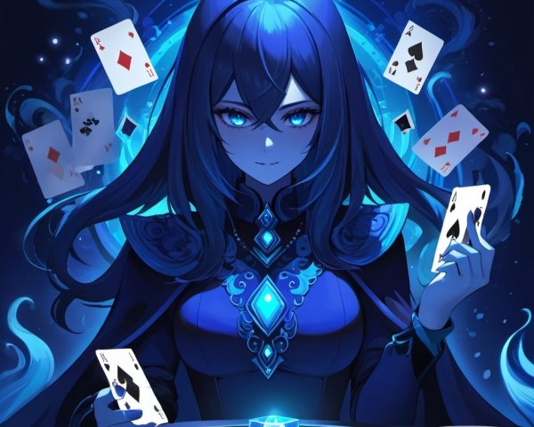 Mysterious Figure with Blue Hair and Floating Cards