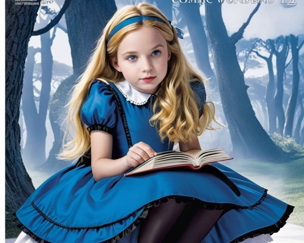 Young Girl in Alice Costume Reading in Whimsical Forest
