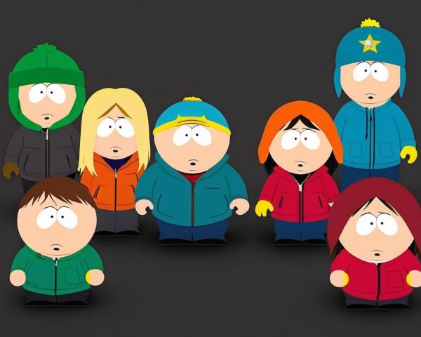 Cartoon Characters in Colorful Jackets Against Dark Background