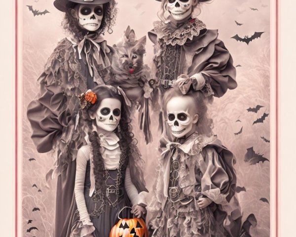 Skeletons in Whimsical Halloween Costumes in Mist