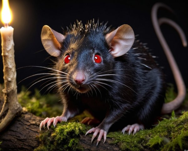 Black Rat with Red Eyes on Mossy Log and Candlelight