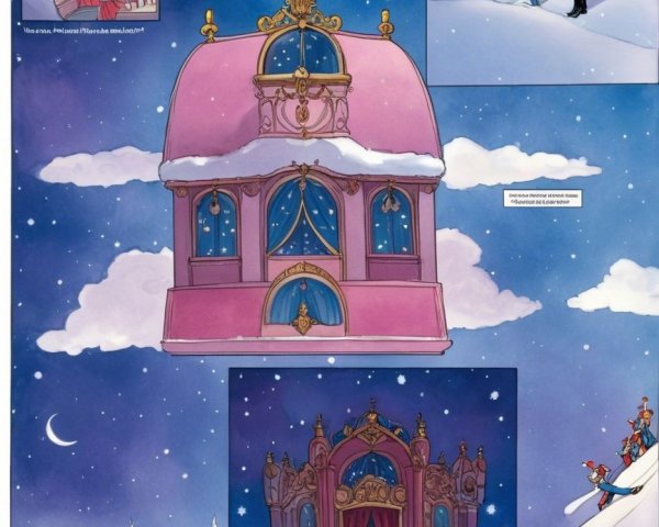 Whimsical Winter Scene with Pink Palace and Characters