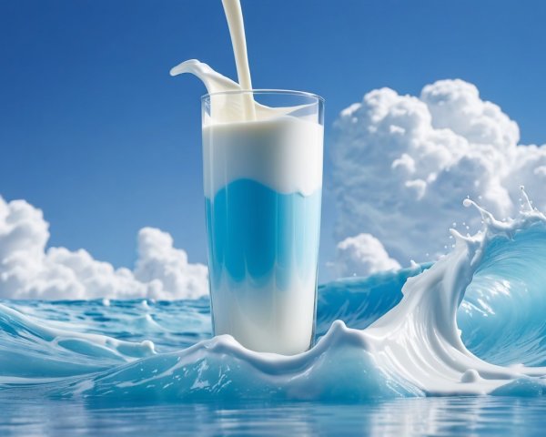 Glass of Blue and White Liquid Against Sky and Waves