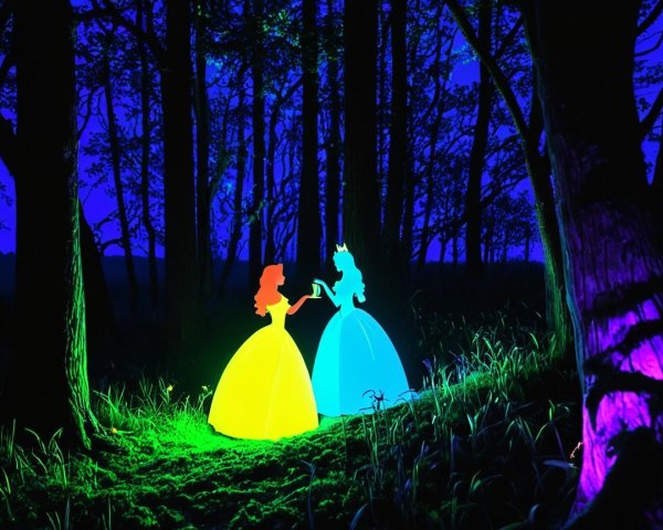 Princesses in glowing silhouettes in a twilight forest