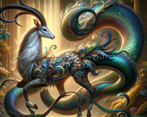 Ornate Deer-Serpent Creature in a Lush Forest