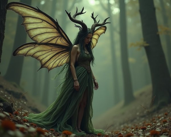 Mystical figure in green gown with butterfly wings