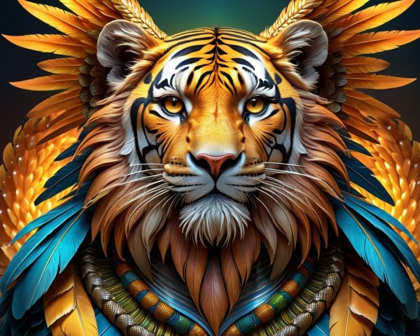 Majestic tiger with colorful feathers and scales