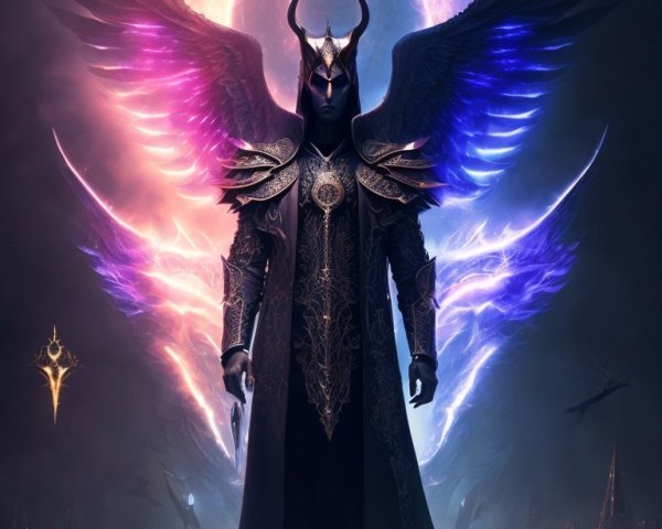 Armored Figure with Luminous Wings in Fantasy Setting