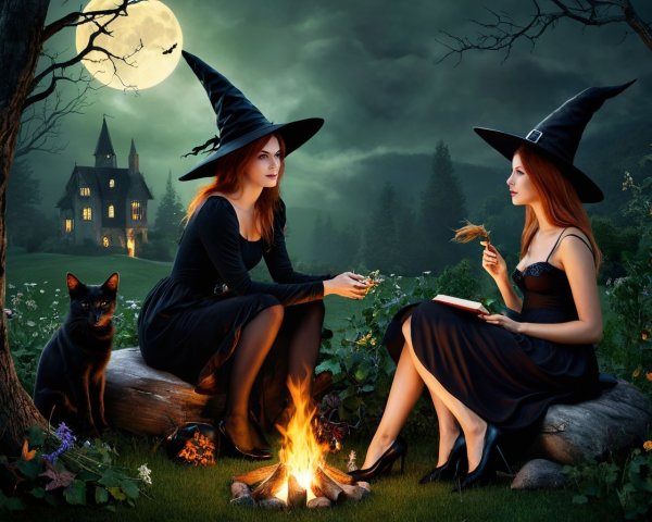 Witches by Campfire in Mystical Forest at Night