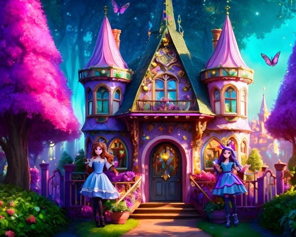Whimsical cottage among vibrant trees and flowers