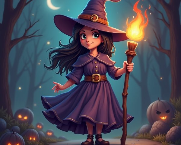 Young Witch in Spooky Forest at Twilight with Pumpkins