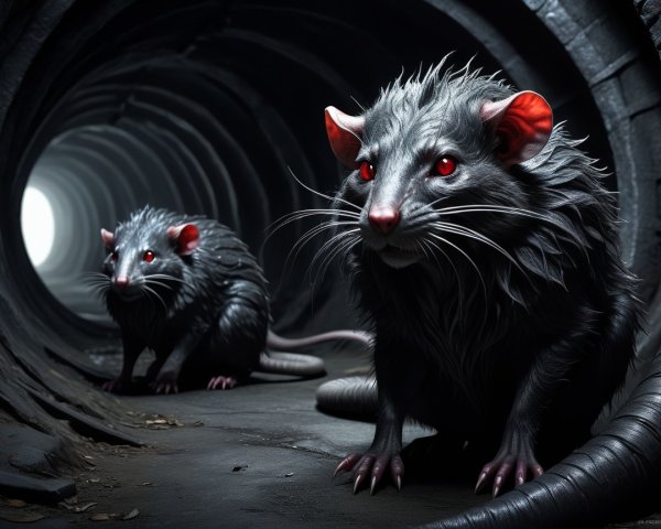 Anthropomorphic rats in a dimly lit concrete tunnel