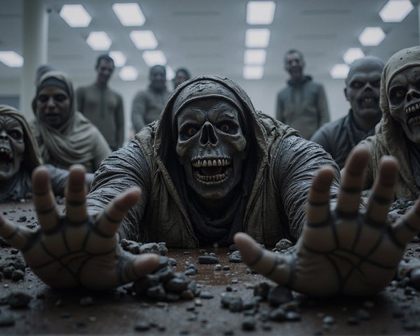 Lifelike skeletal figures in a dimly lit environment