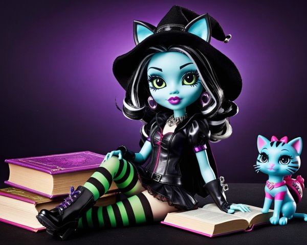 Stylish Doll with Blue Skin and Cat Ears with Kitten