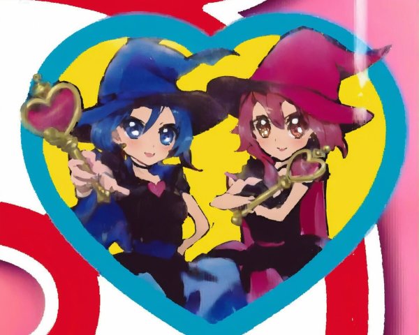 Animated Witches in Heart Frame on Yellow Background