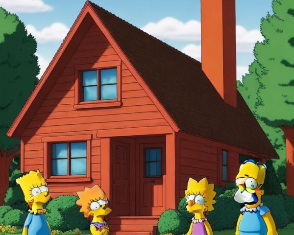 Simpson Family Outside Their Red House in Cartoon Style