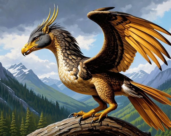 Majestic griffon on rocky outcrop with golden feathers