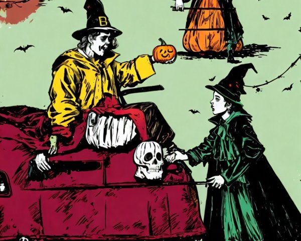 Whimsical Halloween Scene with Witches and Pumpkins