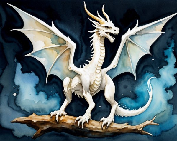 Majestic white dragon on a gnarled branch in art