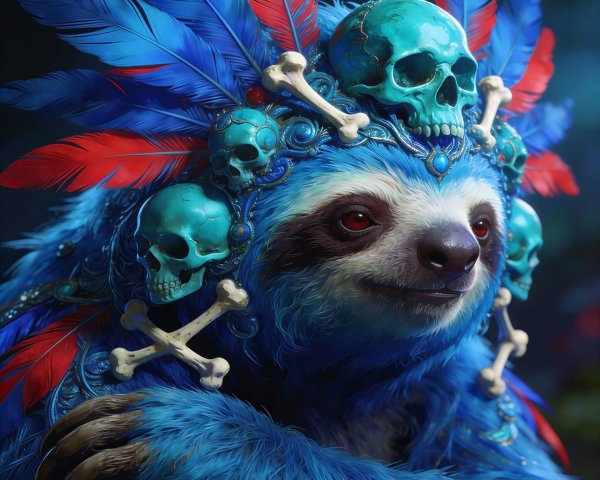 Close-up of a blue furry sloth in tribal headdress