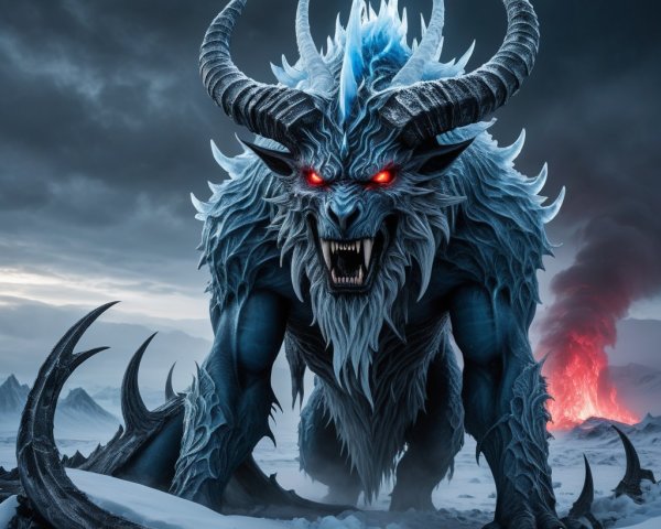 Ice-Themed Monster in Snowy Landscape with Volcanoes