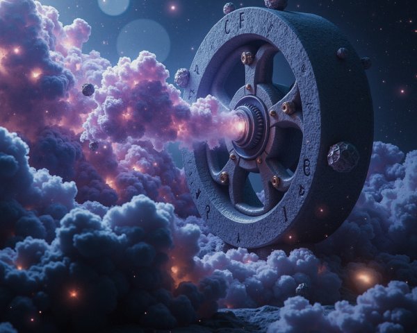 Futuristic Wheel in Cosmic Scene with Ethereal Clouds