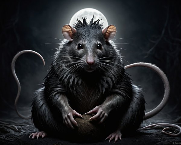 Anthropomorphic rat in dark, eerie moonlit setting