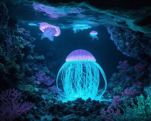 Ethereal Underwater Scene with Glowing Jellyfish
