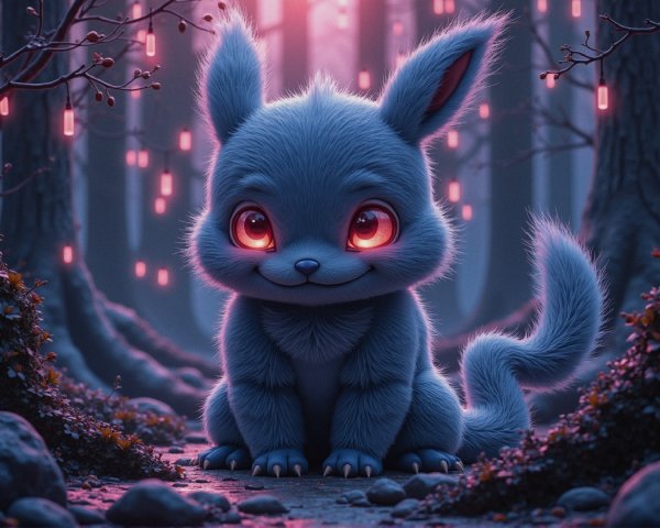 Fluffy Blue Creature in a Mystical Forest Setting