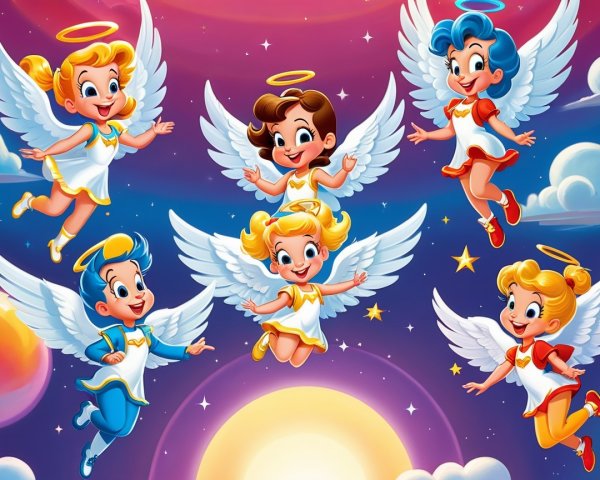 Whimsical Cartoon Angels Flying Among Colorful Clouds