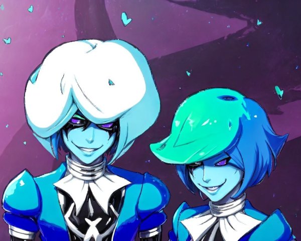 Stylized Characters with Blue Hair on Purple Background