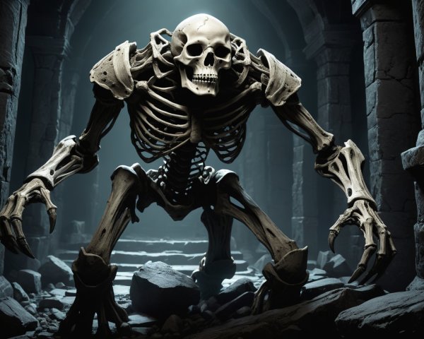 Menacing Skeleton in Ancient Stone Chamber