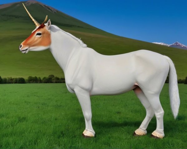 Surreal Unicorn in Lush Green Field with Mountains