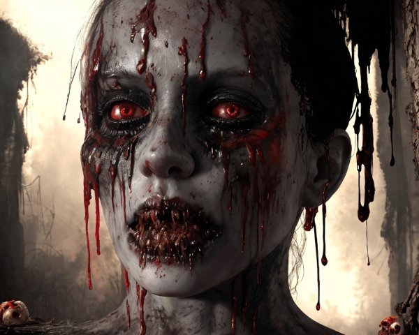Haunting figure with pale skin and glowing red eyes