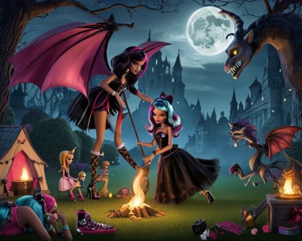Spooky Nighttime Gathering in a Dark Forest