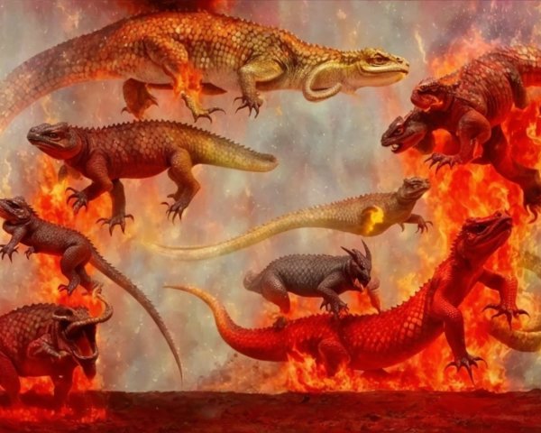 Dragon-like creatures in flames with vibrant scales