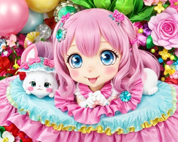 Cartoonish girl in flowers with balloons and a cat