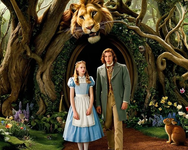 Alice in Blue Dress in Whimsical Forest Scene